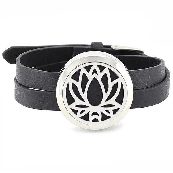 Free with felt pads! Wholesale 316L stainless steel twisted-off essential oil diffusing perfume locket wrap bracelet with black leather band