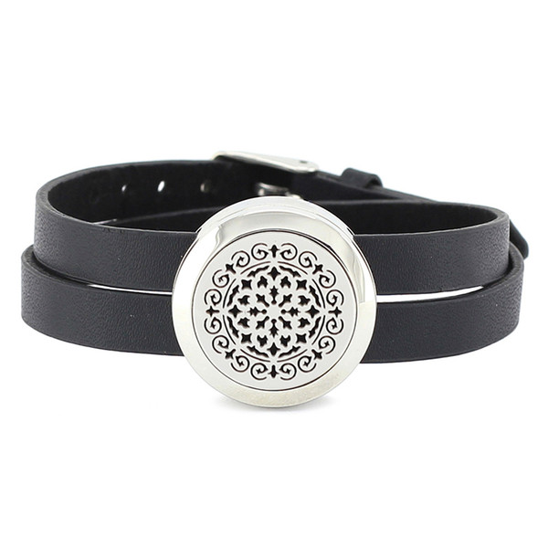 Hot Sale 25mm 316l stainless steel twisted-off essential oil diffuser bracelet aromatherapy locket bracelet with leather band