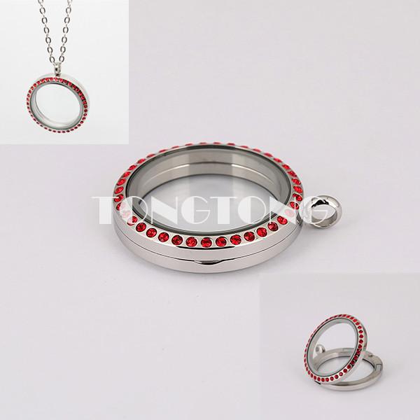 25mm/30mm Magnetic Closure Silver 316L Stainless Steel Floating Charm Locket with Red Czech Crystals