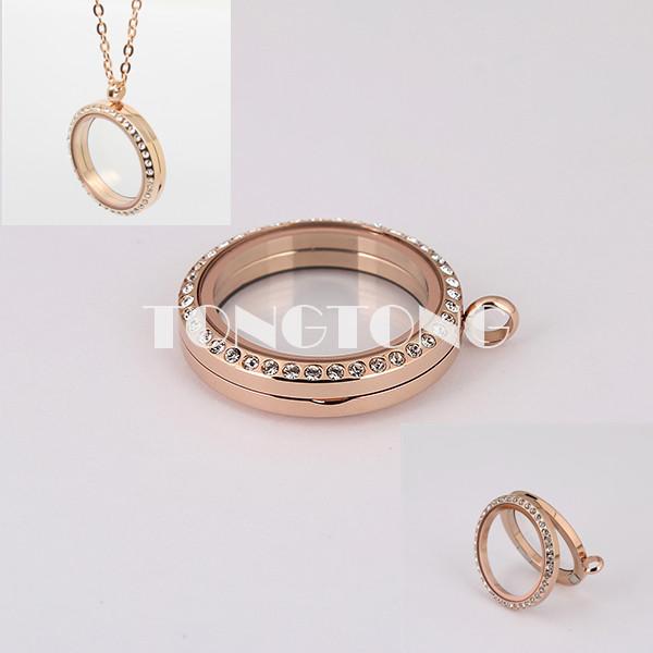 20mm/25mm/30mm/35mm rose gold 316L stainless steel floating glass lockets with czech crystals