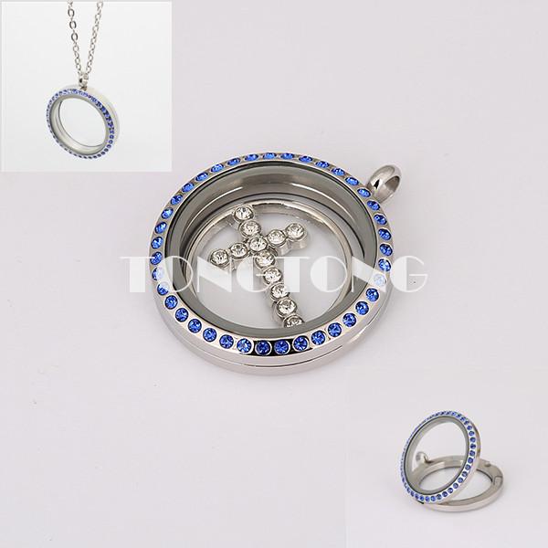 25mm/30mm magnetic closure silver 316L stainless steel floating glass locket with sapphire czech crystals