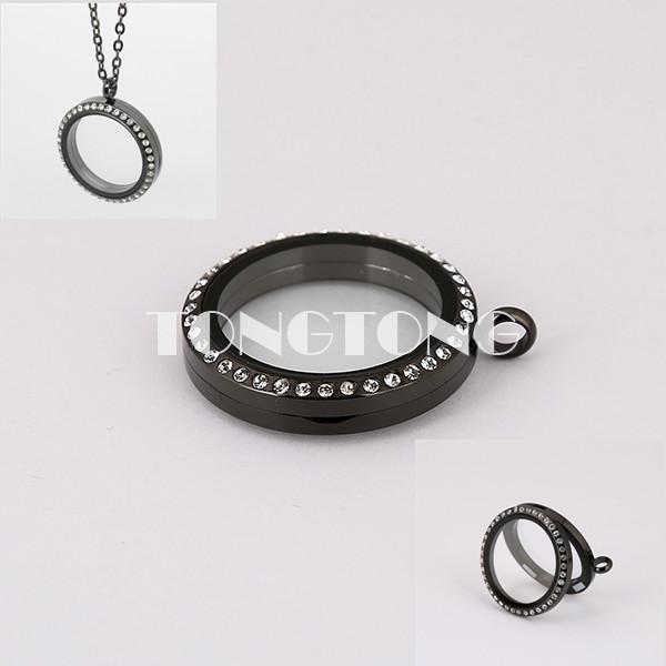 Free Shipping! 20mm/25mm/30mm/35mm magnetic closure black 316L stainless steel floating charm lockets with czech crystals