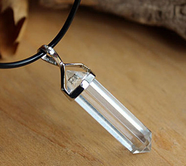 Hexagonal Prism Gemstone Rock Natural Crystal Quartz Healing Point Chakra Stone Bullet Leather Necklaces&Pendants Vintage Silver Jewelry