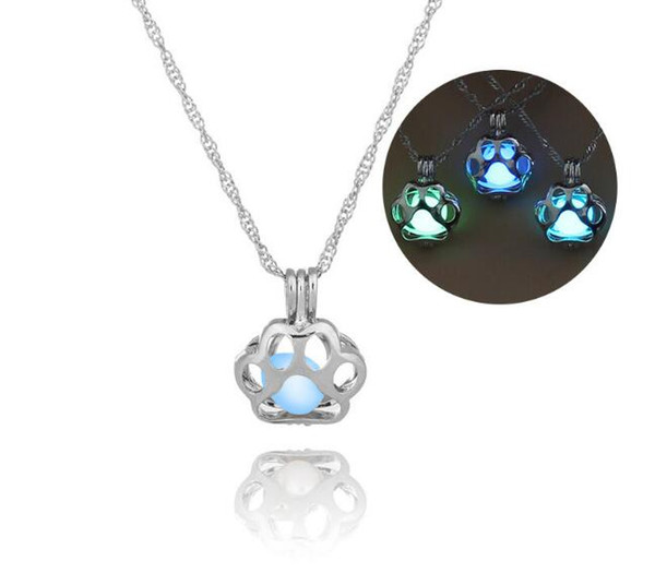 3 colors Glow In The Dark Dog Paw Prints Pendant Necklace Hollow Pearl Cages Pendant luminous Stone Design Necklaces For Women Jewelry Gift