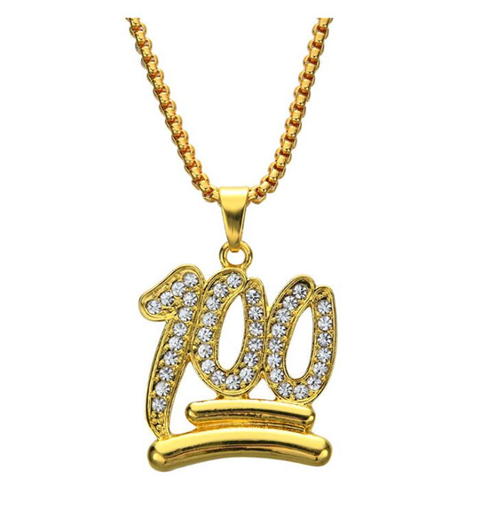 Emoji 100 Logo Crystal Necklace Pendants Rope Chunky Chain Hip Hop Iced Out Style Necklace Gold Silver Plating Jewelry Necklace For Men Gift