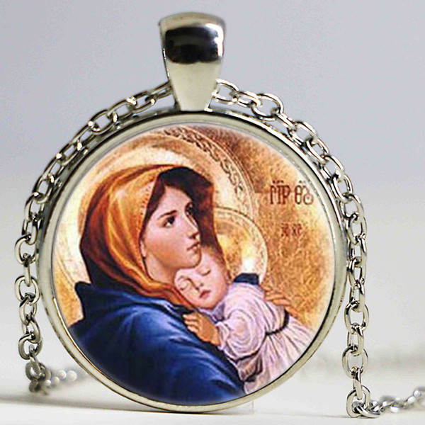 Virgin Mary with Child Pendant Necklace Glass Art Print Jewelry Mother of Baby Jesus Christ Christian Catholic Religious Madonna