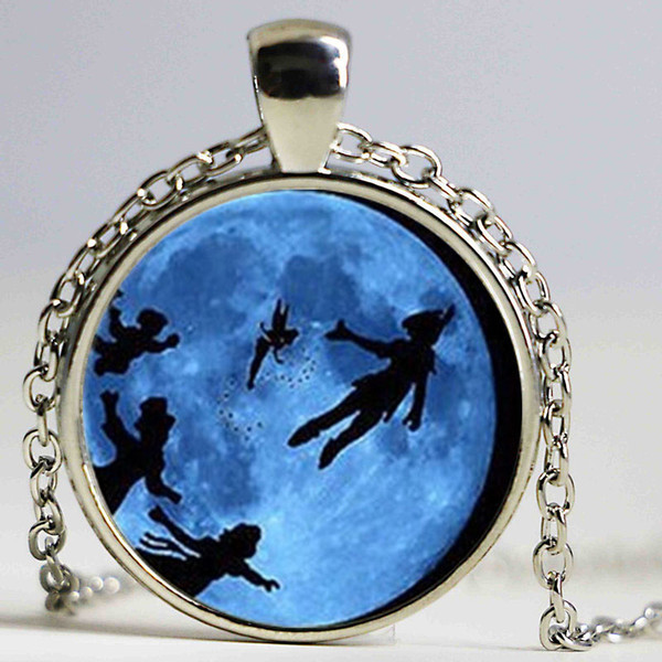 Steampunk Glass Dome Pendant Peter Pan Necklace, Never grow up quote jewelry, glass Cabochon Necklace chain jewelry new