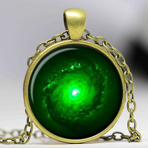 Hot Selling OUTER SPACE JEWELRY Nebula necklace Black & Green Galaxy universe pendant Glass Cabochon Necklace A1095