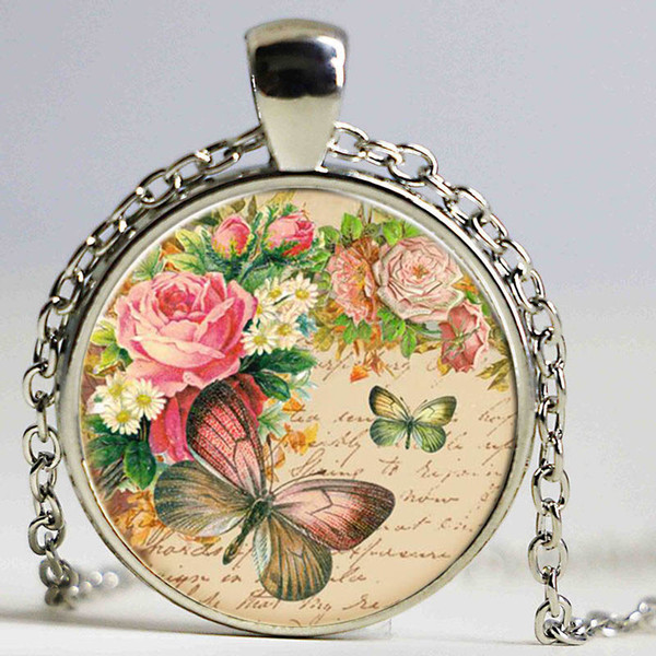 Rose Butterfly Glass Pendant Necklace of jewels In Time New