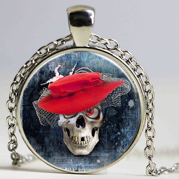 Skull art photos vintage pendant necklace women chain necklace red hat Choker Statement Necklace For Women Sweater chains