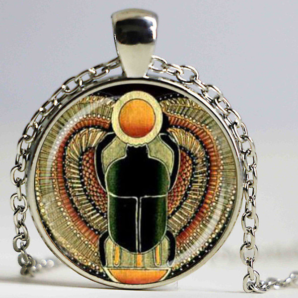 Symbol of Strength Egyptian Scarab Glass Dome Pendant Necklace, Ancient Egypt Jewelry Fashion Charm Women Gift