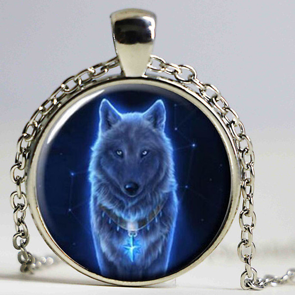 Brand Vintage Glowing Wolf Cabochon Tibetan silver Glass Chain Unisex Pendant Necklace free shipping