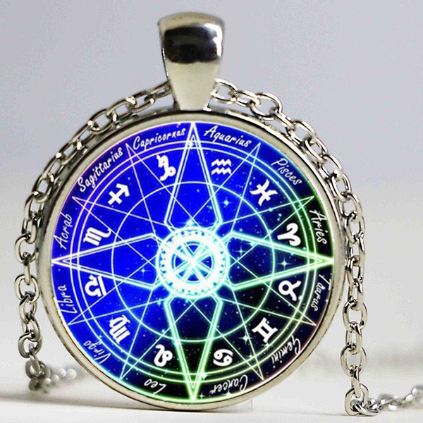 Blue pentagram wiccan glass necklace silver chain constellation necklaces charms blue ball glass pendant jewelry bijouterie