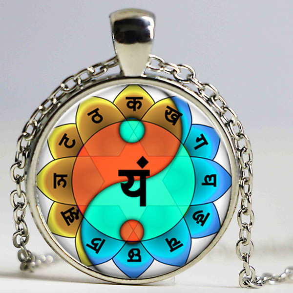 Buddha Lotus Yoga Chakra OM Necklace Colorful Flower of Life Mandala Printed Glass Cabochon Pendant Necklace for Unisex