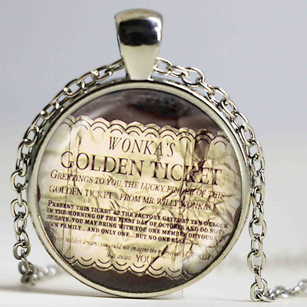 Willy Wonka Ticket and the Chocolate Factory movie pendant Golden Ticket necklace movie jewelry glass picture choker neckless