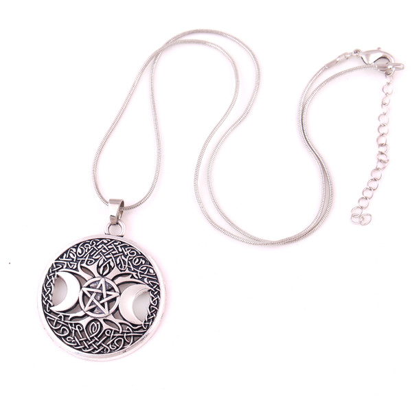 Triple Moon Goddess Wicca Pentagram Magic Amulet Necklace Women Tree Of Life Moon Necklaces Pendants Vintage Jewelry