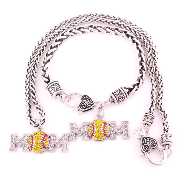 Free shipping Rhodium Plated Zinc Studded With Sparkling Crystal Baseball Softball MOM Charm Pendent Necklace Bracelet Jewelry Set