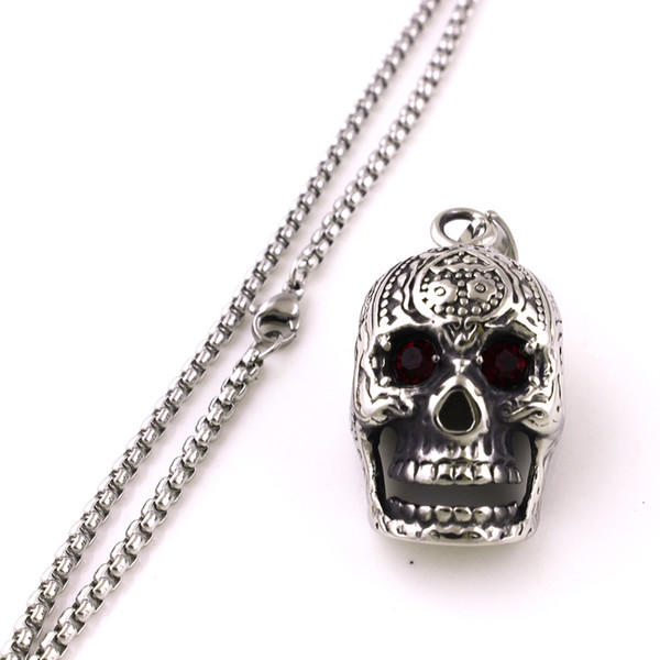 Punk Style Stainless Steel Skull Pendant Charm Necklace With Red Rhinestone Eyes Jewelry Party Fashion Gifts