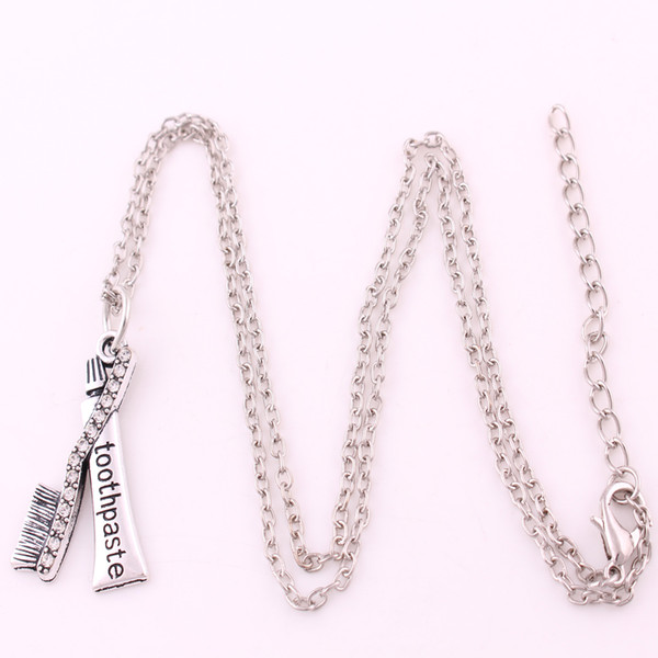 Antique Sliver Plated TOOTHBRUSH And TOOTHPASTE Charm Pendent Necklace Studded With Sparkling Clear Crystals