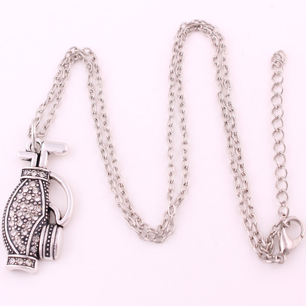 Newest Fashion Alloy Rhodium White Crystal Golf Bag Sports Charm Pendent Link Chain Necklace Jewelry