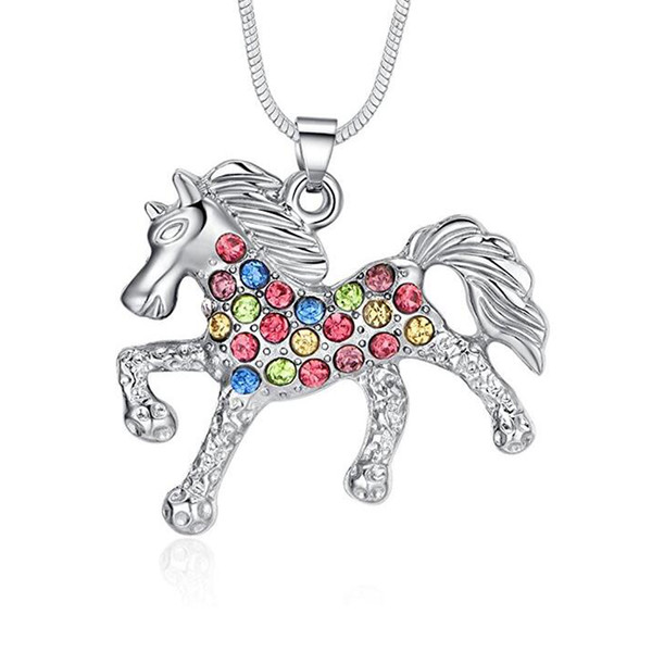 Drop Shipping Fast Selling Fashion Sliver Plated Lucky colorful rhinestone Horse With Crystal Animal Pendant Snake Chain Necklaces