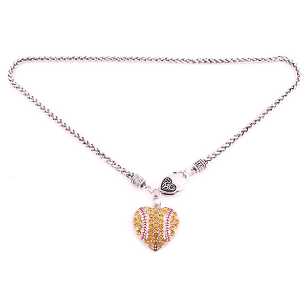 New Arrival Rhodium Plated Zinc Studded With Sparkling Crystals Baseball Heart Love Pendant Wheat Chain Necklaces