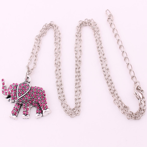 Drop Shipping New Arrival Antique Sliver Plated Pink Crystal Elephant Shape Pendant Link Wheat Chain Necklace Jewelry