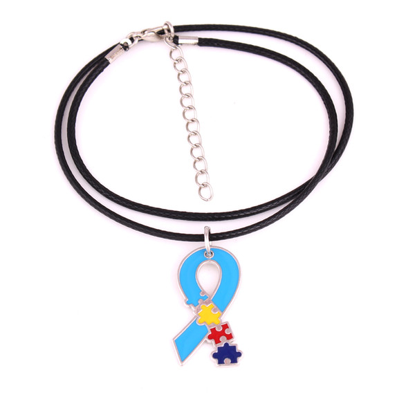 New Arrival Autism Awareness Identification Necklace Hope Puzzle Piece Pattern Enamel Ribbon Charm Pendant ID Necklace