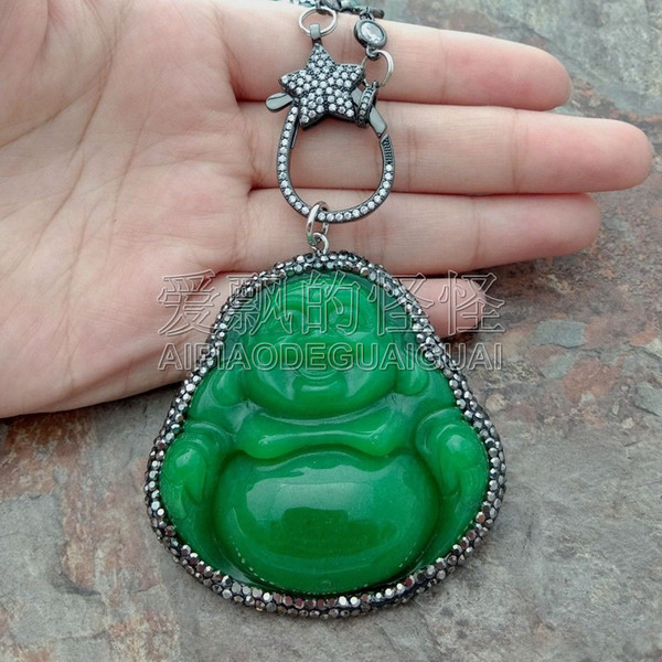 N071114 25'' GreenStone Black Pearl Chain Necklace Green Buddha Pendant