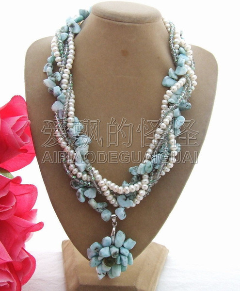 New! 5Strands Pearl&Larimar&Crystal&Pendant Necklace