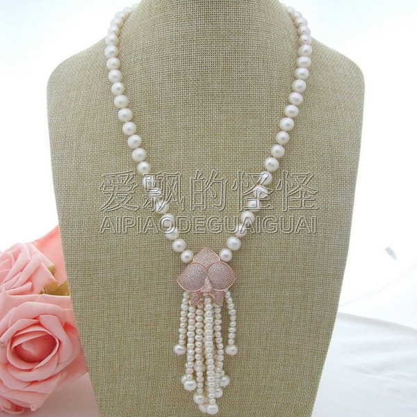 N042404 22''10mm white Pearl CZ Necklace