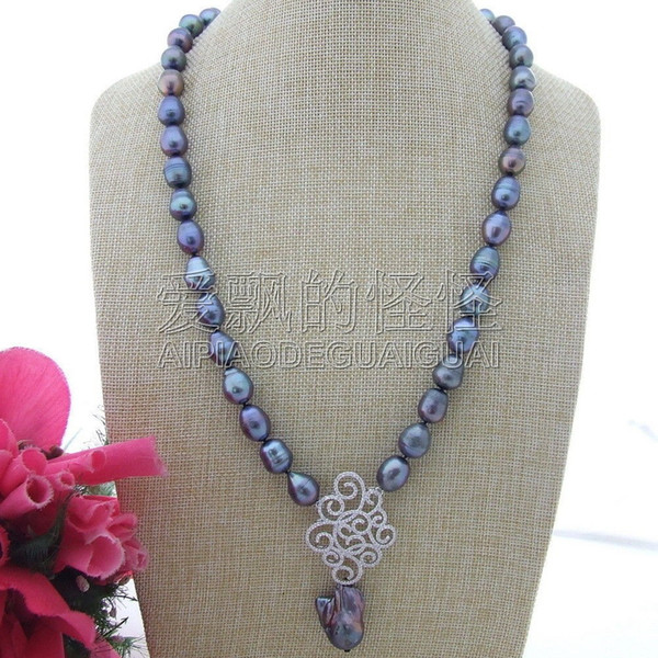 N111509 26'' Black Rice Pearl Keshi Pearl Necklace CZ Pendants