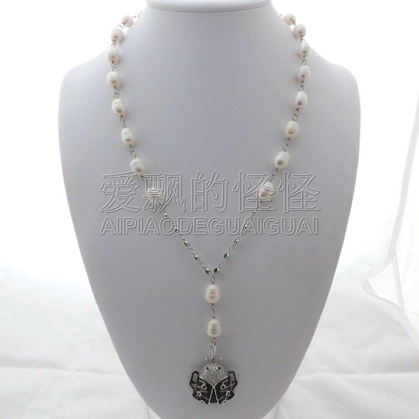 N011807 White Rice Pearl Necklace Beetle Pendant