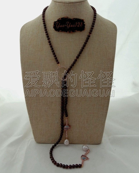 N071113 39'' Garnet Pearl CZ Beetle Long Necklace