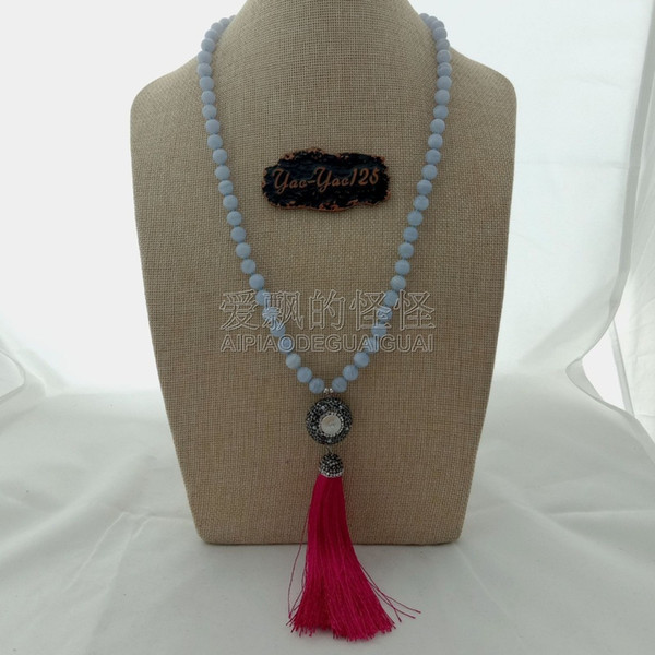 N091214 24'' Natural 8mm Blue Chalcedony Necklace White Pearl Tassel Pendant