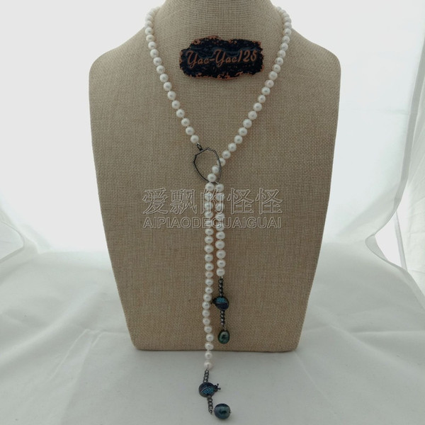 N091212 34'' White Pearl Black Rice Peal CZ Beetle Long Necklace