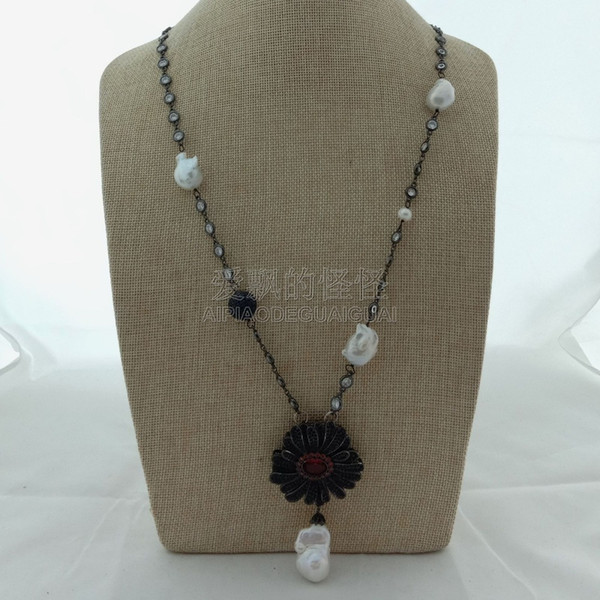 N041510 28'' White Keshi Pearl Chain Necklace Cz Pave Flower Pendant