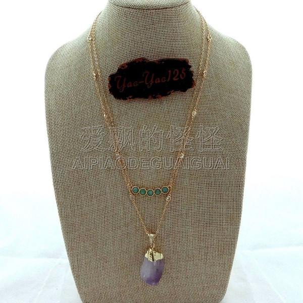 N092611 18'' 2 Rows Yellow Golden Plated Chain Necklace Purple Rough Amazonite Pendant