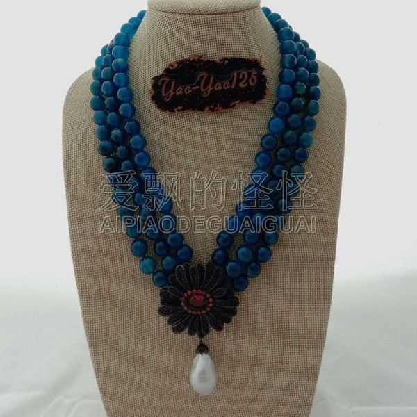 N091207 19'' 3 Rows Blue Stone Necklace White Keshi Pearl CZ Flower Pendant