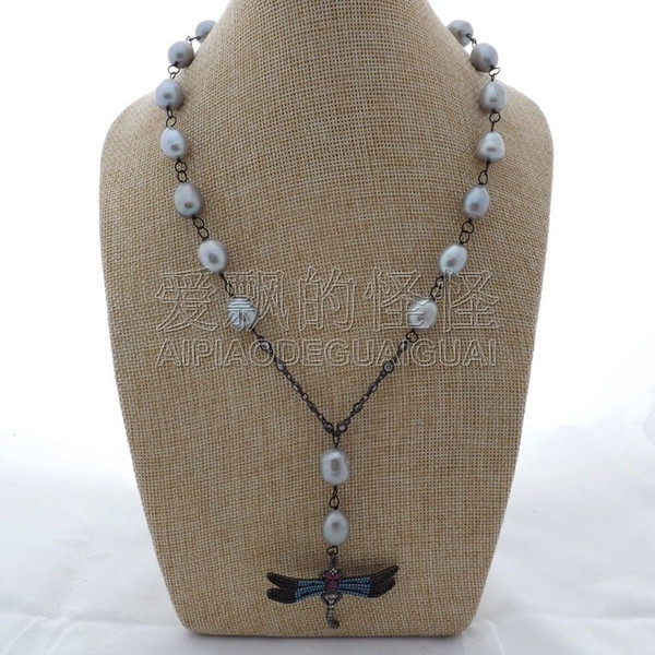 N070174 20'' White Gray Rice Pearl Necklace CZ Pave Dragonfly Pendant