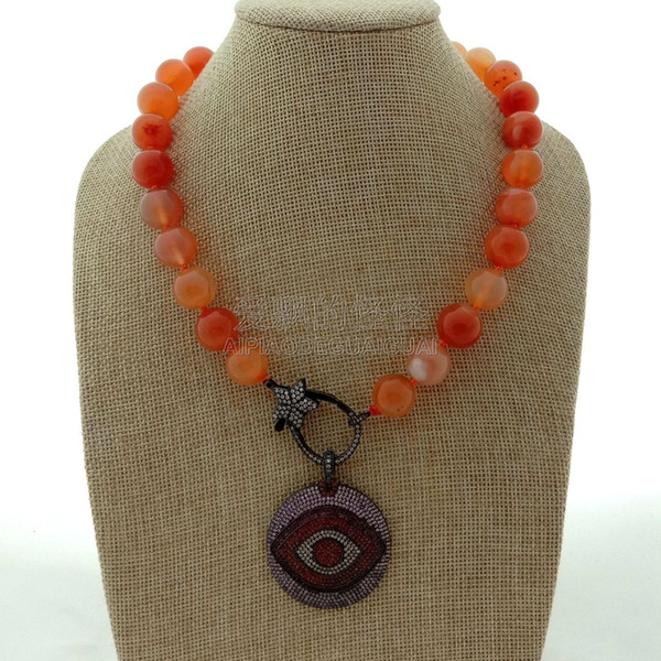 N041507 18'' 14mm Round Orange Stone Necklace Cz Pave Evil Eye Pendant