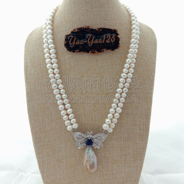 N011415 20'' 2 Rows White Pearl Necklace CZ Keshi Pearl Pendant