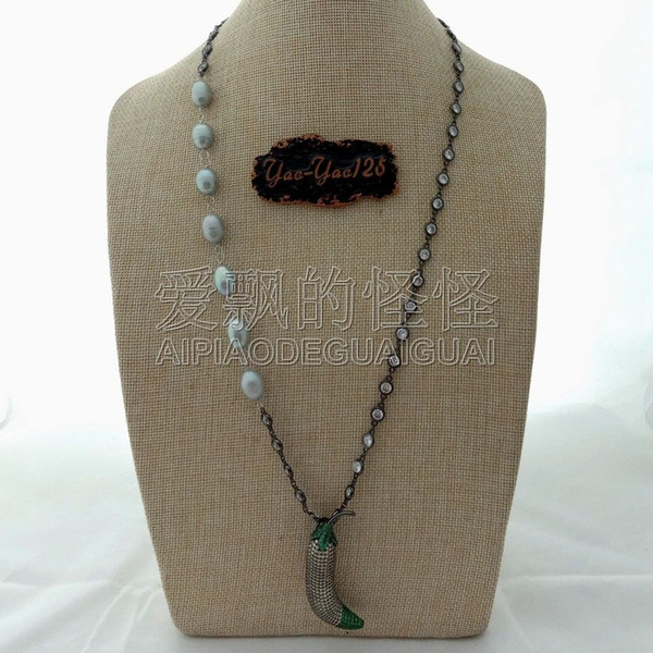 N071115 27'' Gray Rice Pearl Chain Necklace Cz melongena Pendant