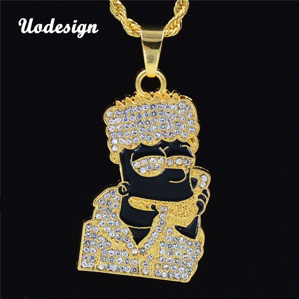 New Oil Ice Out Bling Full Micro Pave Rhinestone Men Head Pendant Necklace for Men Jewelry