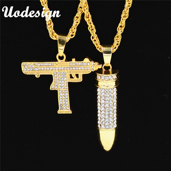 Uodesign Iced Out Bling Full Rhinestone Men 2pcs/lot Bellut&Gun Pendants Necklaces Gold Color Sports Necklace for Men Jewelry