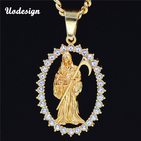 Uodesign Top Quality Gold Color Holy Saint Death Santa Muerte Men's Biker Hiphop Pendant Necklace