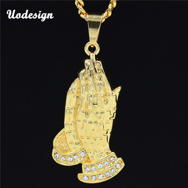 Uodesign Hip Hop Top Quality Prayer Charm Pendant Necklace Iced Out Crystal Praying Hands With Cross Religious Necklace For Men