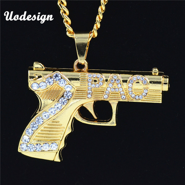 Uodesign Hip Hop 2PAC Gun Pendant Women Men Jewelry Wholesale kolye Gold Color Gun Necklace with Hiphop Chain