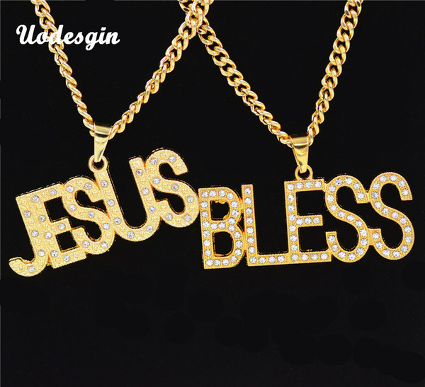 Uodesign Crystal JESUS BLESS Letter Pendants Necklaces Golden Bling Jewelry Gifts Men Women Hip Hop Charm Rhinestone Chains