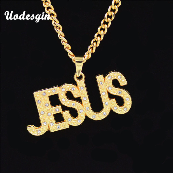 Uodesign 2018 Gold Platted Bling Letter JESUS Pendants Hip Hop Long Chain Necklace